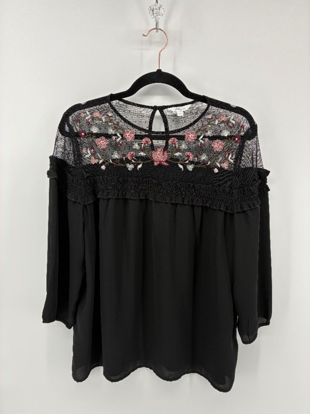 Reitmans Black Top with Sheer Embroidered Flower Collar